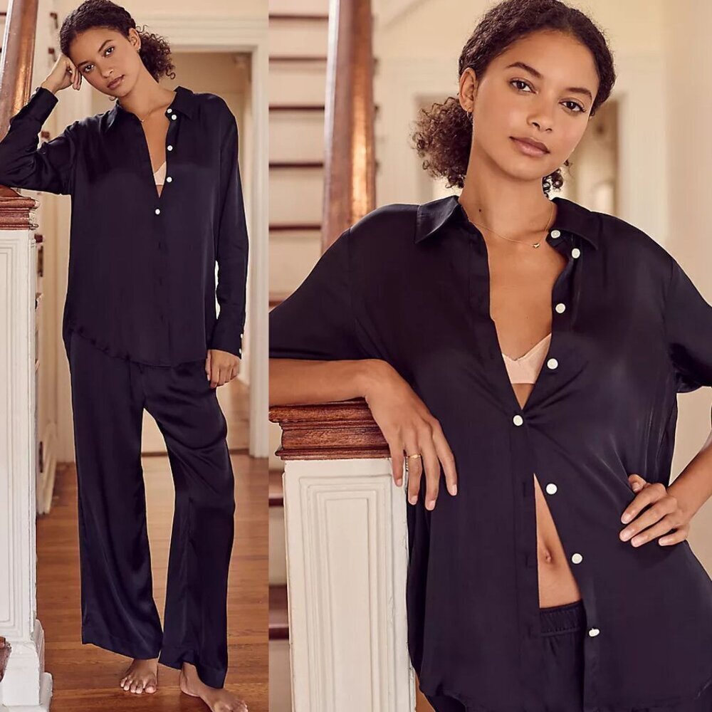 By Anthropologie Black Silky Long-Sleeve Pyjama Top Size Small 45751